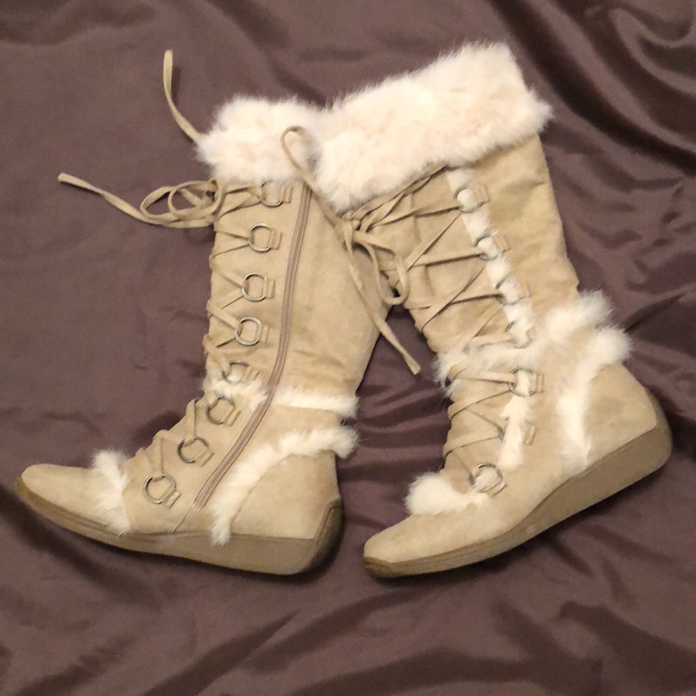 Baker’s angora sueded lace up boots